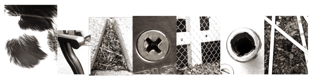 Un collage de diversas texturas: piel, el brazo de una silla, escombros, un tornillo, una valla, un tubo y grava.
