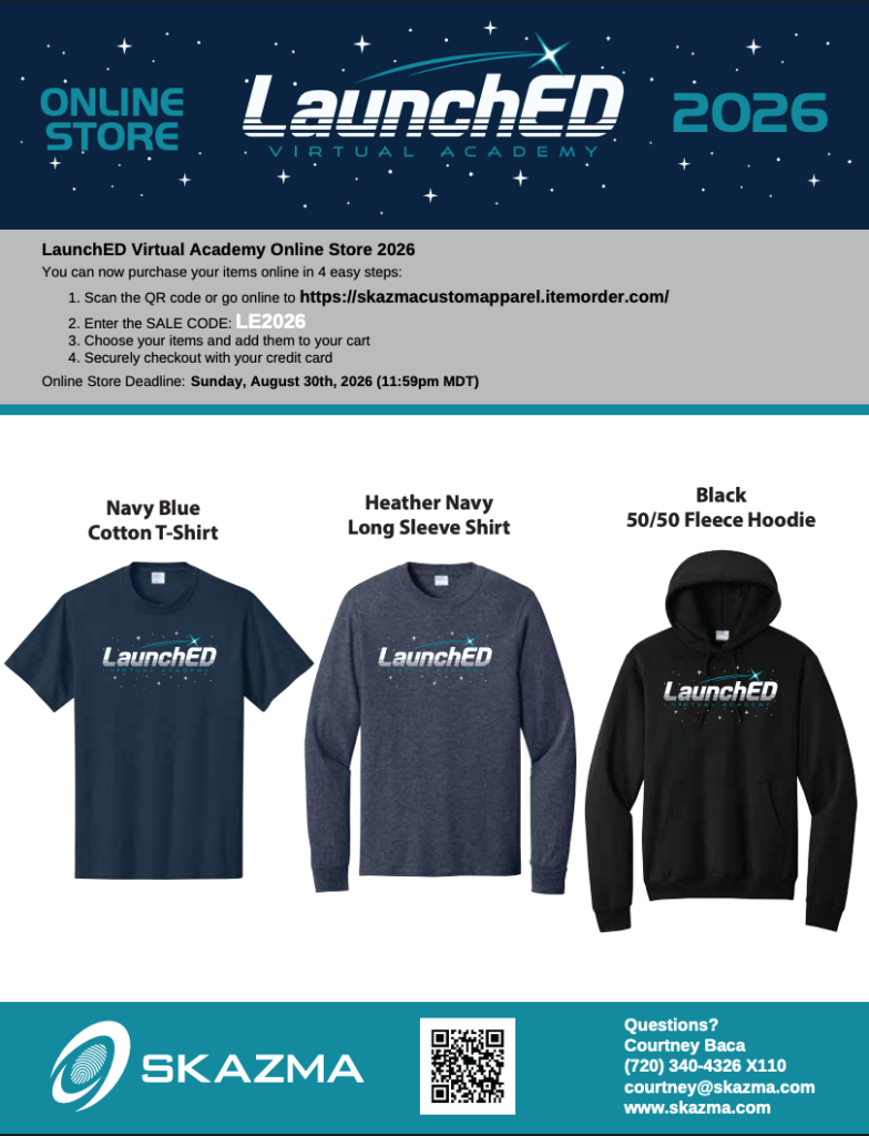 Imagen promocional de la tienda online de la Academia Virtual « LaunchED », en la que se muestran diferentes opciones de ropa e instrucciones de compra.